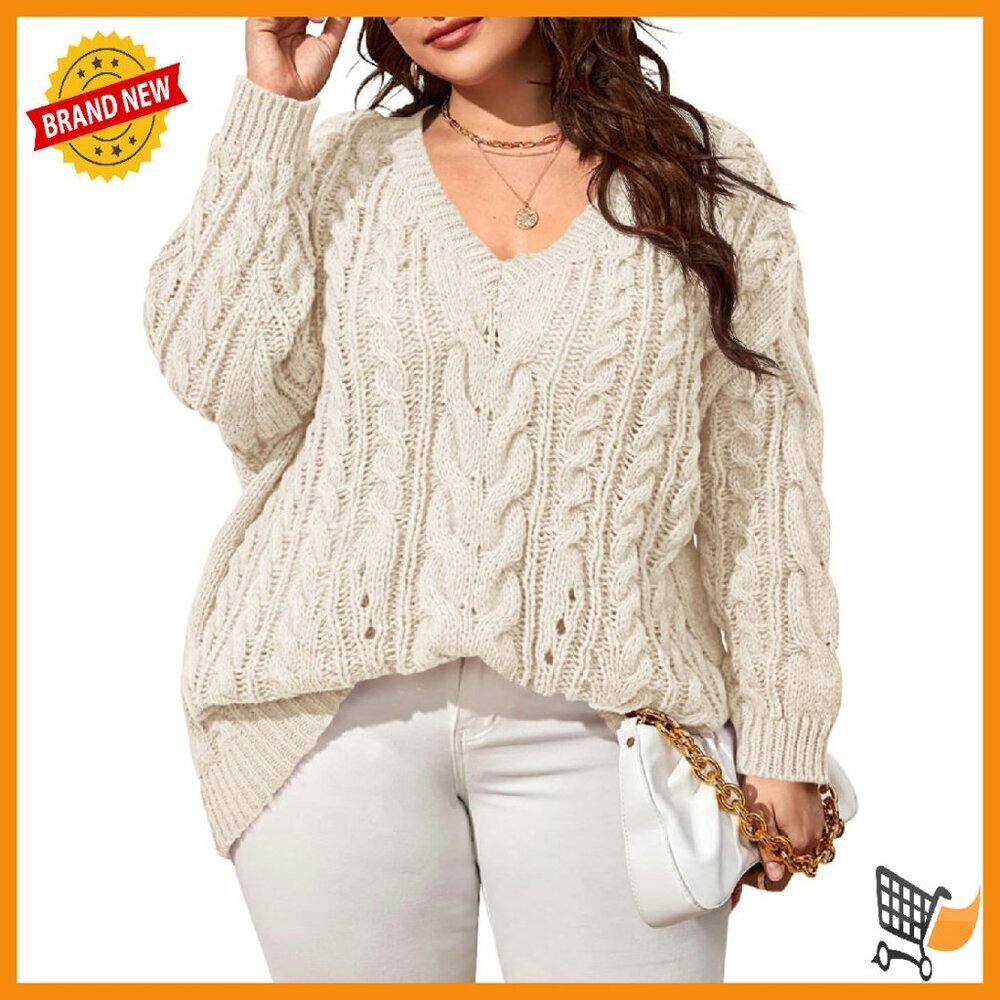 Plus Size Cable Knit V Neck Sweater Oversized Chunky Winter Pullover